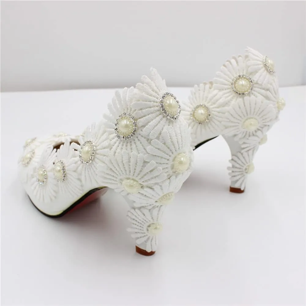 Women's White Wedding Shoes for Bride, Comfortable Prom Lace Bridal Pumps, Flower Bridesmaid Wedding Heels