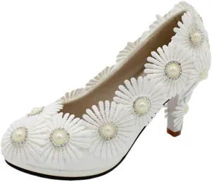 Women's White Wedding Shoes for Bride, Comfortable Prom Lace Bridal Pumps, Flower Bridesmaid Wedding Heels