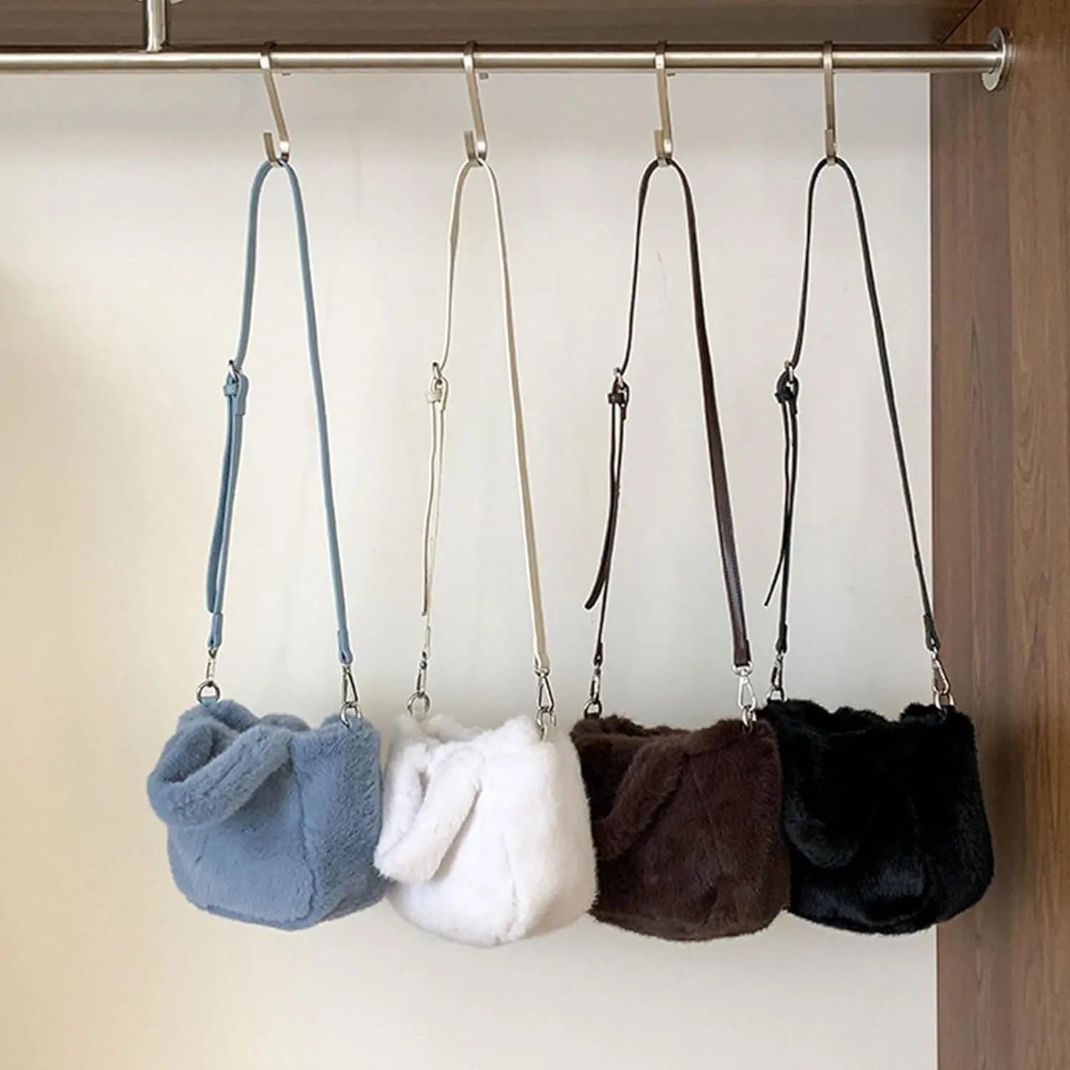 Women's Winter Casual Faux Furs Furry Small Shoulder Bucket Bag Solid Color Plush Crossbody Satchel Fuzzy Handbag Purse