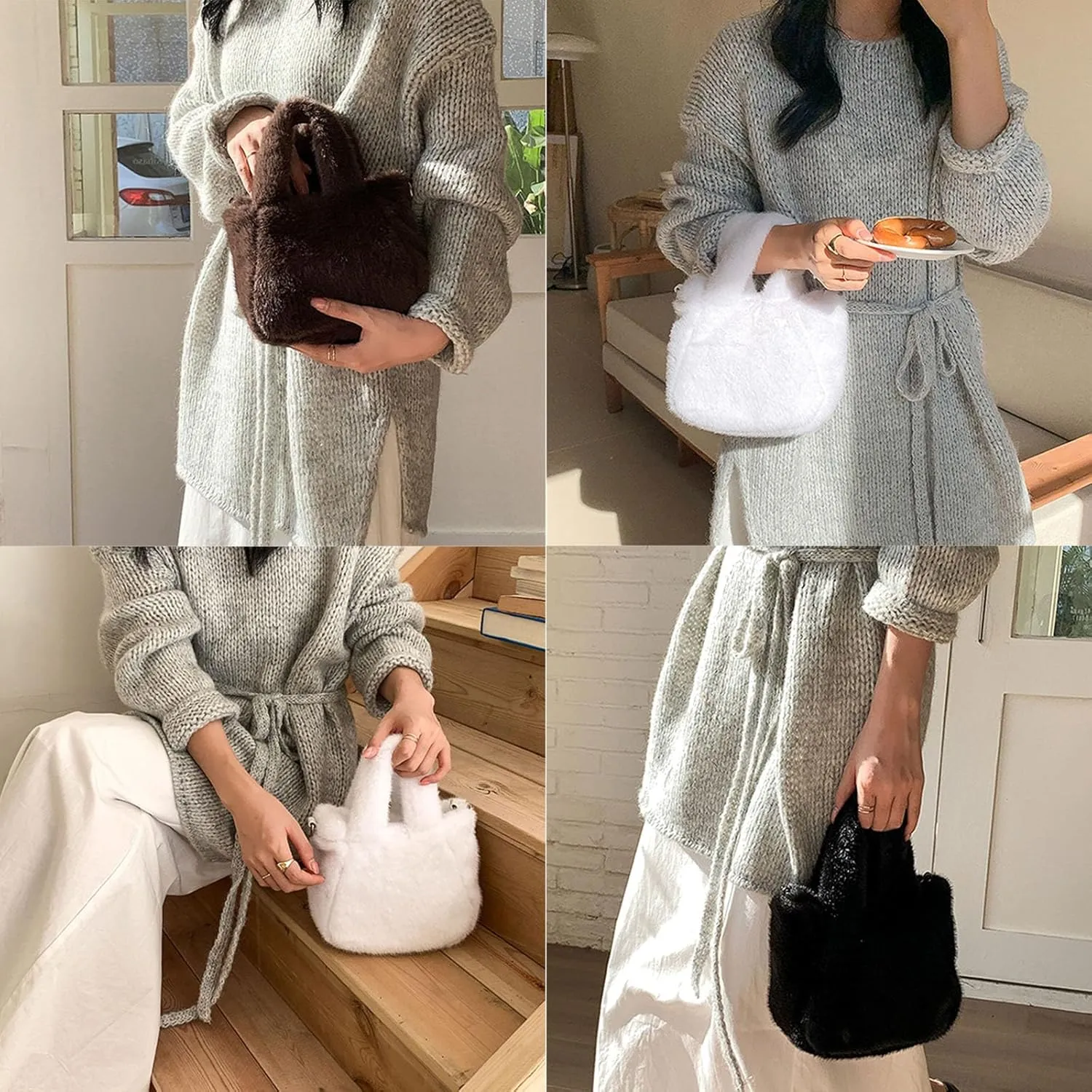 Women's Winter Casual Faux Furs Furry Small Shoulder Bucket Bag Solid Color Plush Crossbody Satchel Fuzzy Handbag Purse
