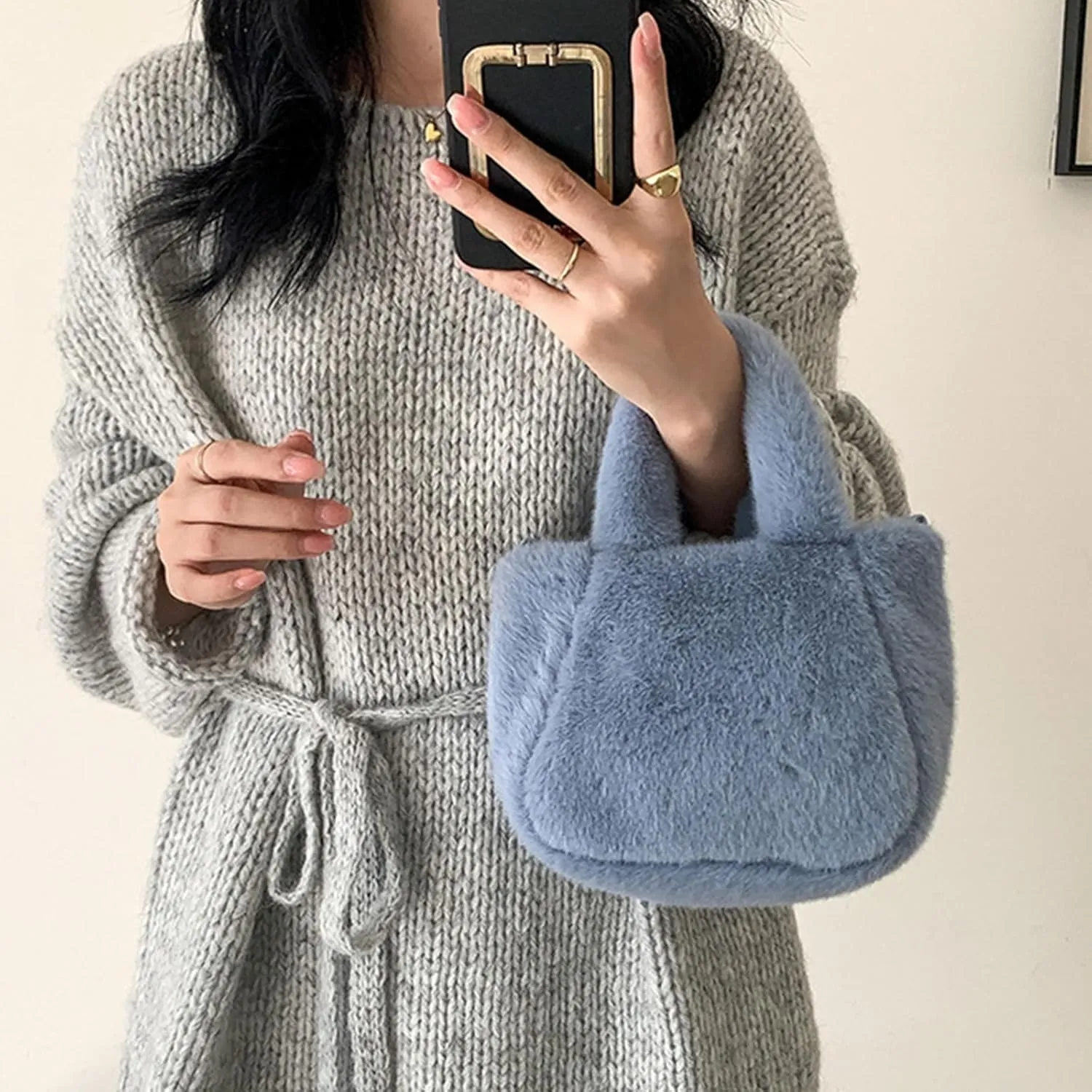 Women's Winter Casual Faux Furs Furry Small Shoulder Bucket Bag Solid Color Plush Crossbody Satchel Fuzzy Handbag Purse