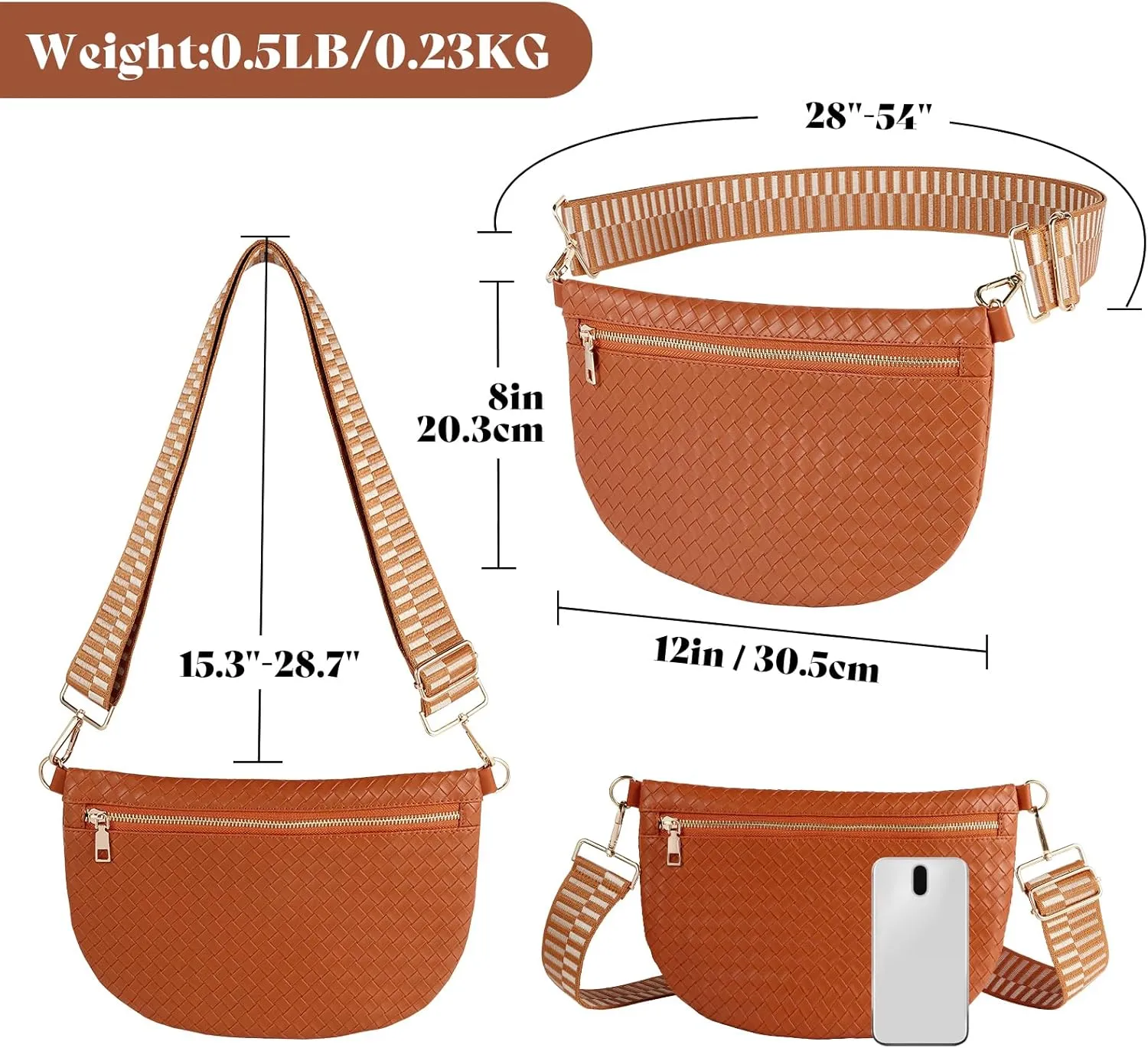 Woven Fanny Packs Belt Bag Sling Bag for Women Woven Leather Bum Bag Crossbody Bag Waist Pack Chest Bag Purse Shoulder Bag for Women-Brown