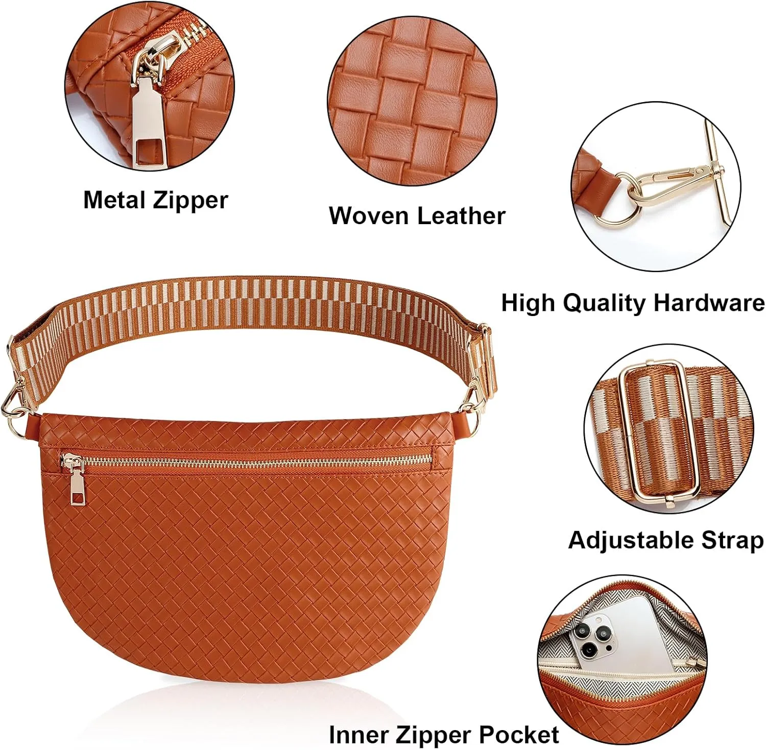 Woven Fanny Packs Belt Bag Sling Bag for Women Woven Leather Bum Bag Crossbody Bag Waist Pack Chest Bag Purse Shoulder Bag for Women-Brown