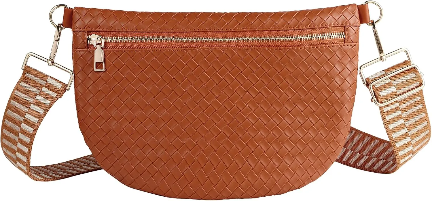 Woven Fanny Packs Belt Bag Sling Bag for Women Woven Leather Bum Bag Crossbody Bag Waist Pack Chest Bag Purse Shoulder Bag for Women-Brown