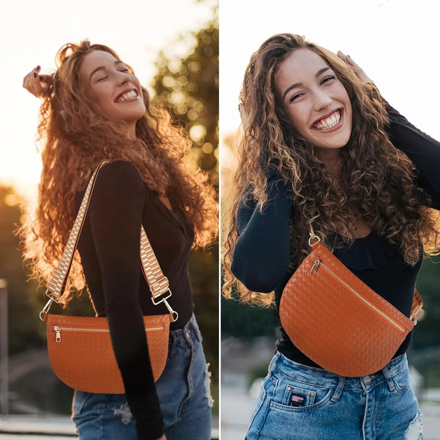 Woven Fanny Packs Belt Bag Sling Bag for Women Woven Leather Bum Bag Crossbody Bag Waist Pack Chest Bag Purse Shoulder Bag for Women-Brown