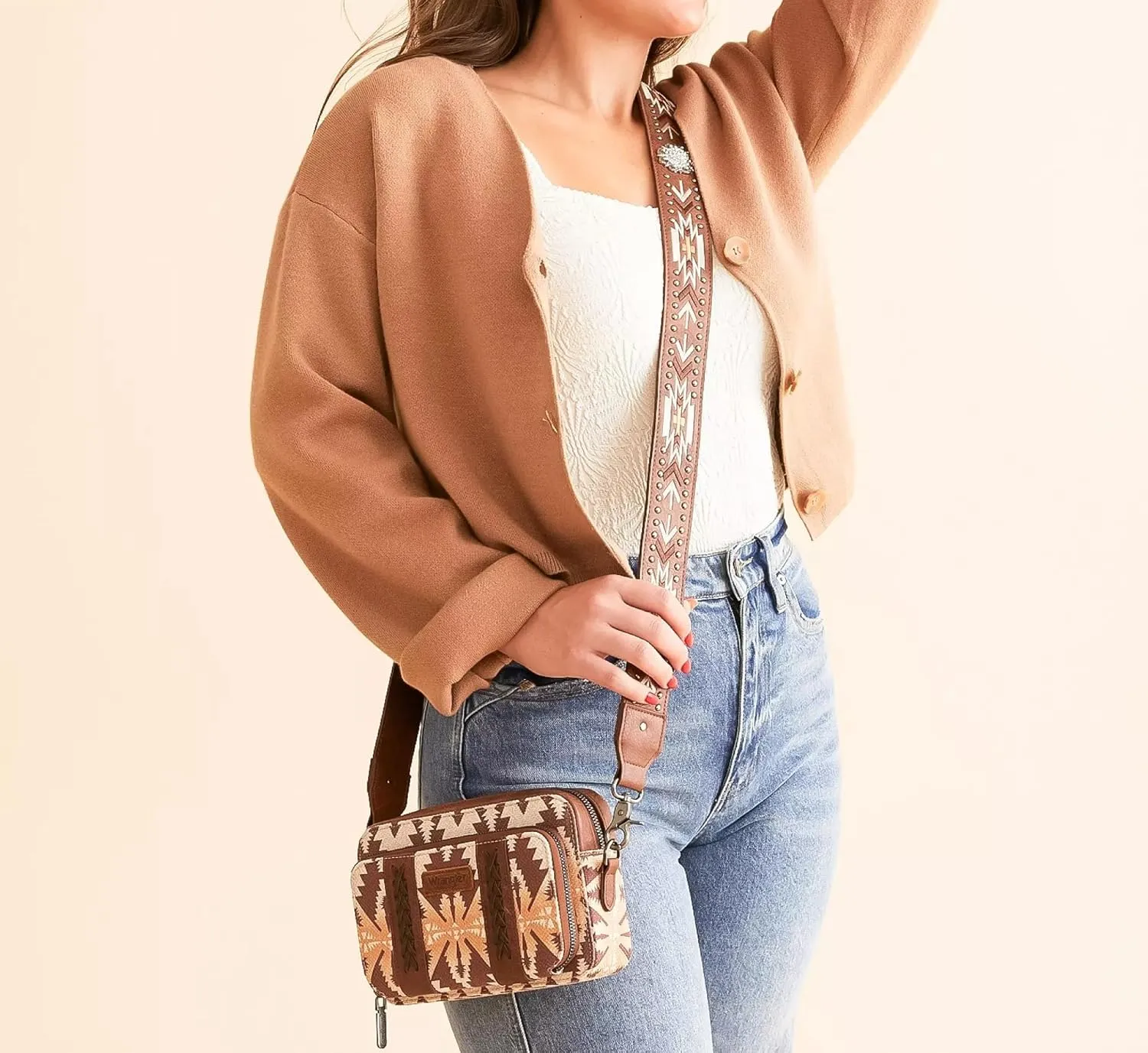 Wrangler Crossbody Bag for Women Boho Aztec Small Multi Pocket Crossover Purse