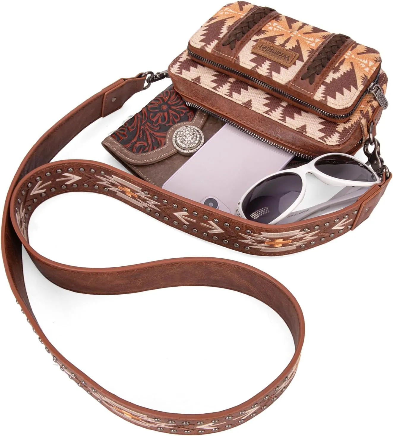 Wrangler Crossbody Bag for Women Boho Aztec Small Multi Pocket Crossover Purse