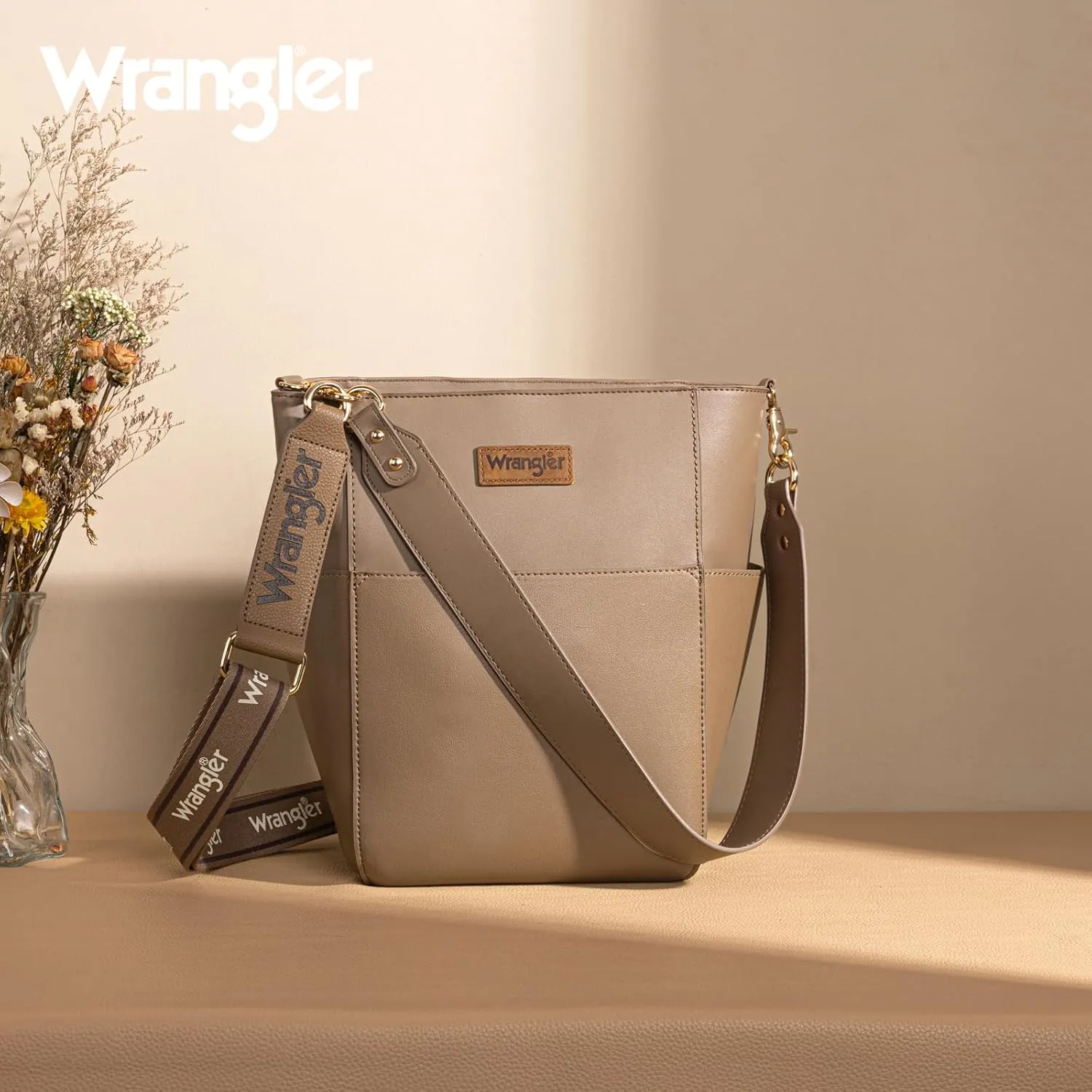 Wrangler MEDIUM Crossbody Bag for Women Vegan Leather Bucket Handbags with Guitar Strap