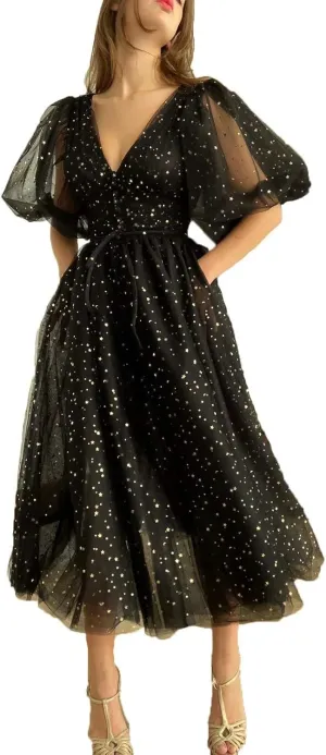 Xijun Women's Sparkle Starry Tulle A Line Puffy Sleeve Prom Dresses with Slit Formal Evening Party Gowns