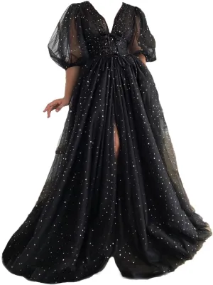 Xijun Women's Sparkle Starry Tulle A Line Puffy Sleeve Prom Dresses with Slit Formal Evening Party Gowns