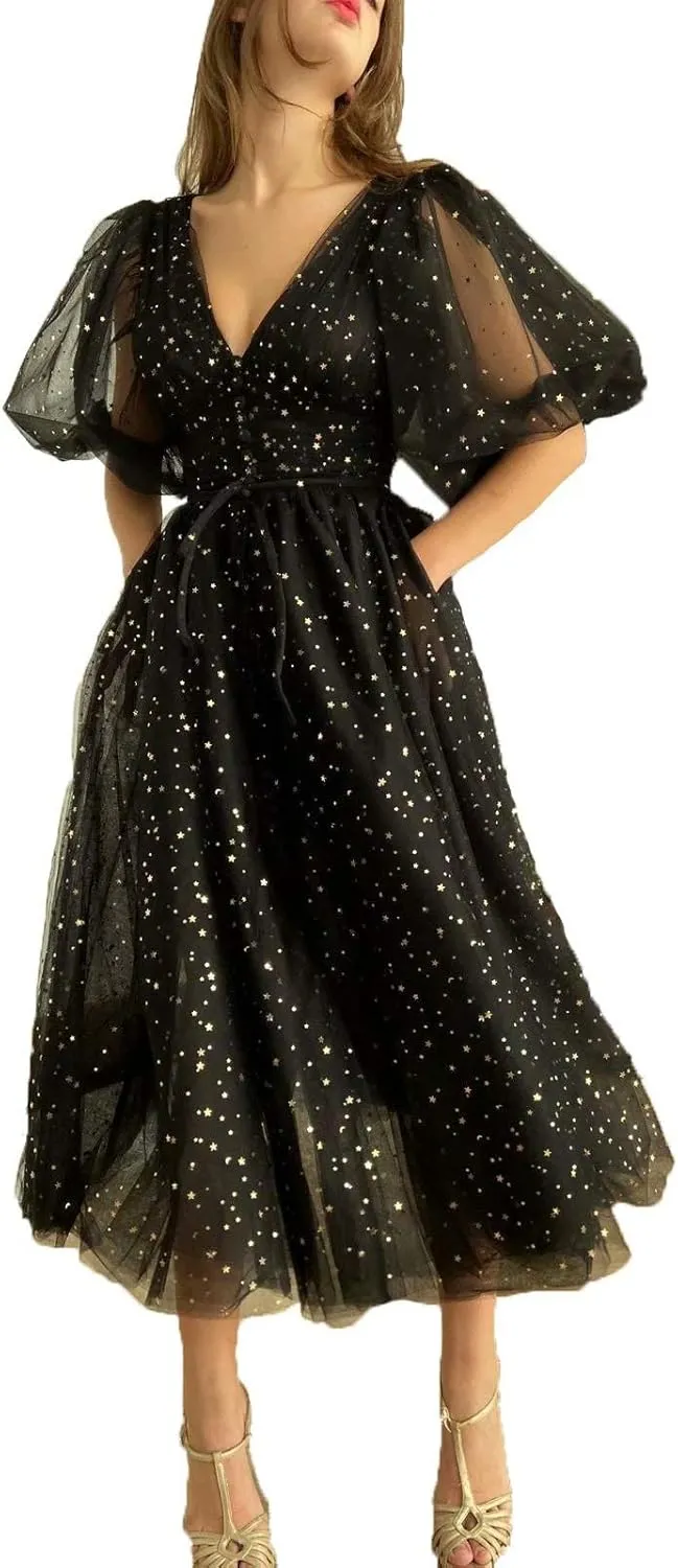 Xijun Women's Sparkle Starry Tulle A Line Puffy Sleeve Prom Dresses with Slit Formal Evening Party Gowns