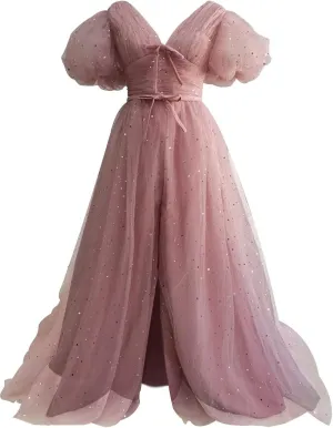 Xijun Women's Sparkle Starry Tulle A Line Puffy Sleeve Prom Dresses with Slit Formal Evening Party Gowns