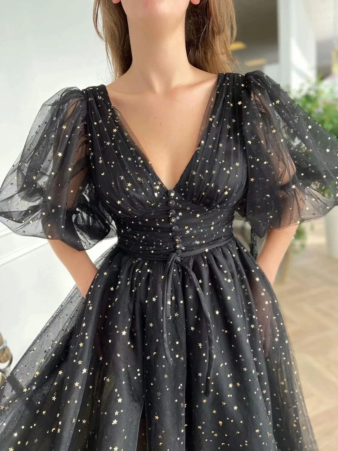 Xijun Women's Sparkle Starry Tulle A Line Puffy Sleeve Prom Dresses with Slit Formal Evening Party Gowns