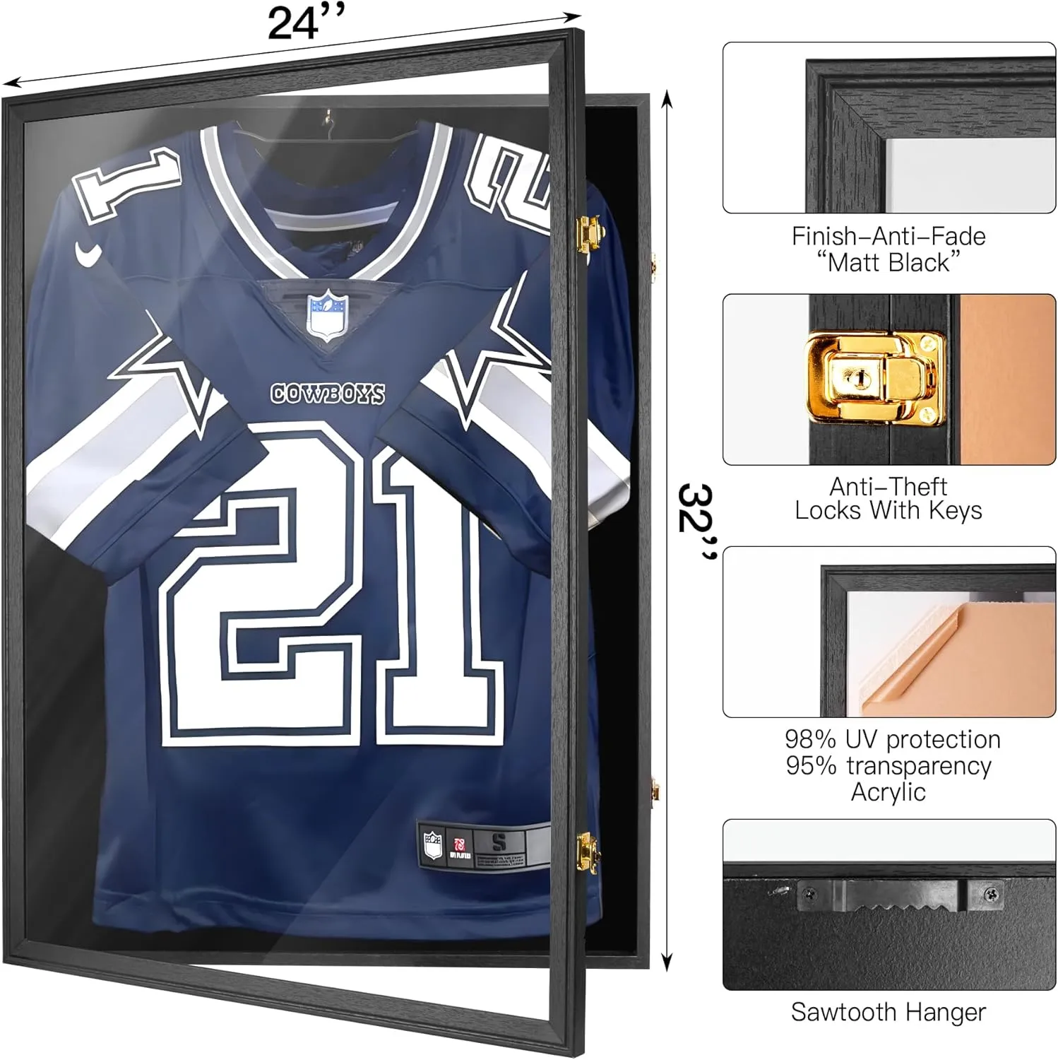 Yaetm Jersey Frame Display Case, Football Jersey Display Case for Wall, Lockable Shadow Box with 98% UV Protection Acrylic and Hanger for Hockey Soccer Basketball Baseball Shirts, Black