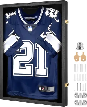 Yaetm Jersey Frame Display Case, Football Jersey Display Case for Wall, Lockable Shadow Box with 98% UV Protection Acrylic and Hanger for Hockey Soccer Basketball Baseball Shirts, Black
