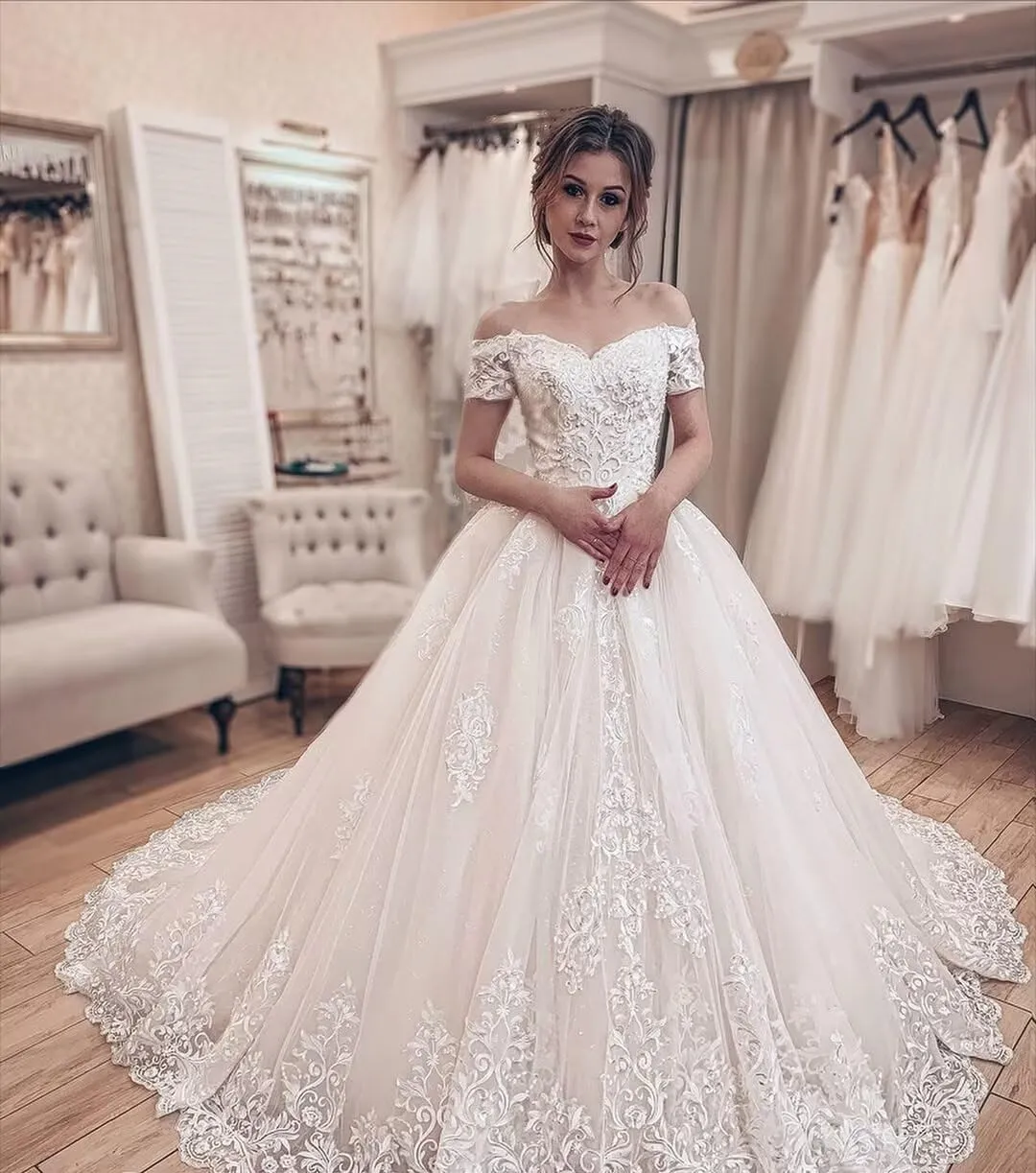 Youjiayi Long Off The Shoulder Wedding Dresses for Bride Princess A-Line Lace Bridal Gowns Sweetheart Tulle Wedding Gowns
