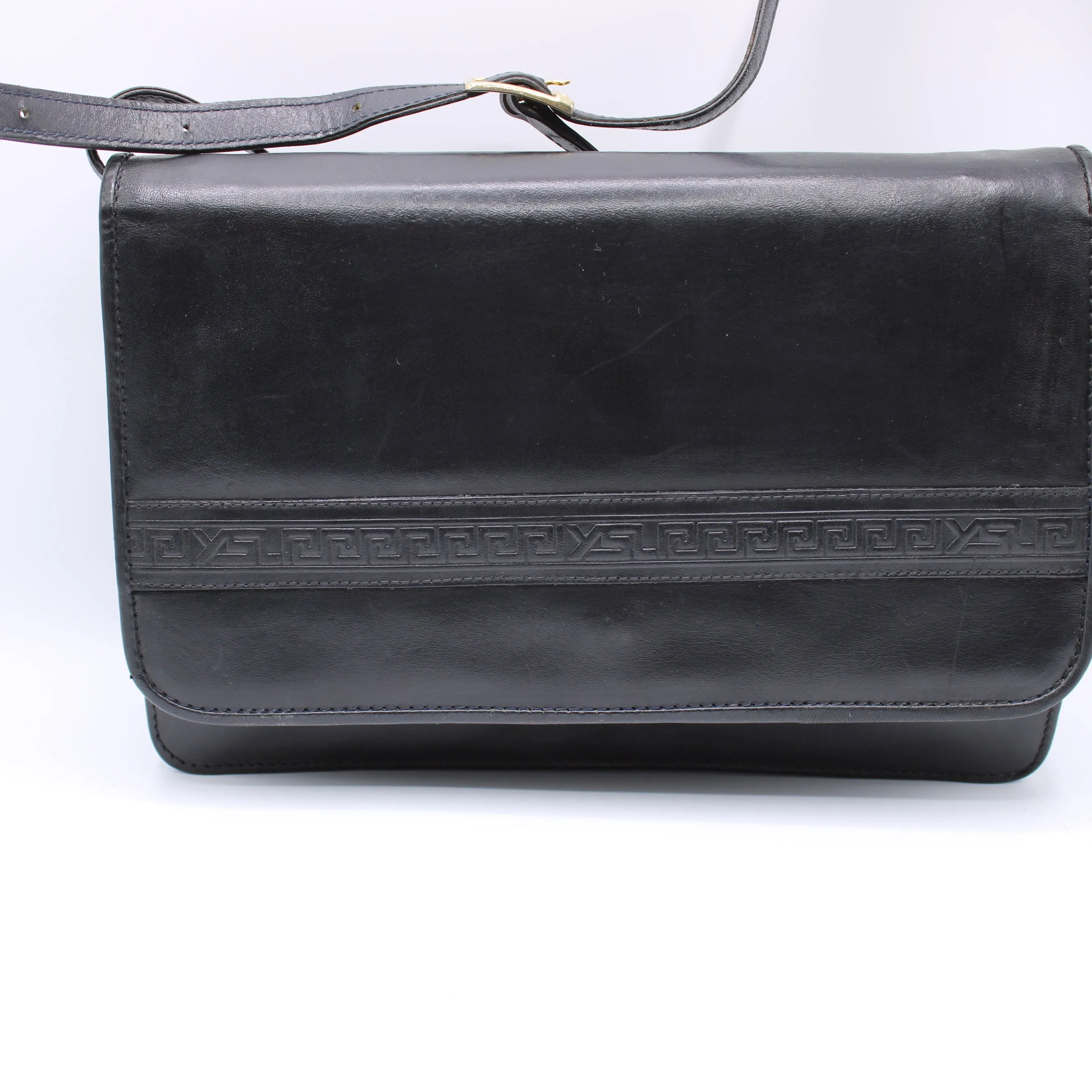 Yves Saint Laurent Black Embossed Lettering Leather Crossbody Bag Vintage