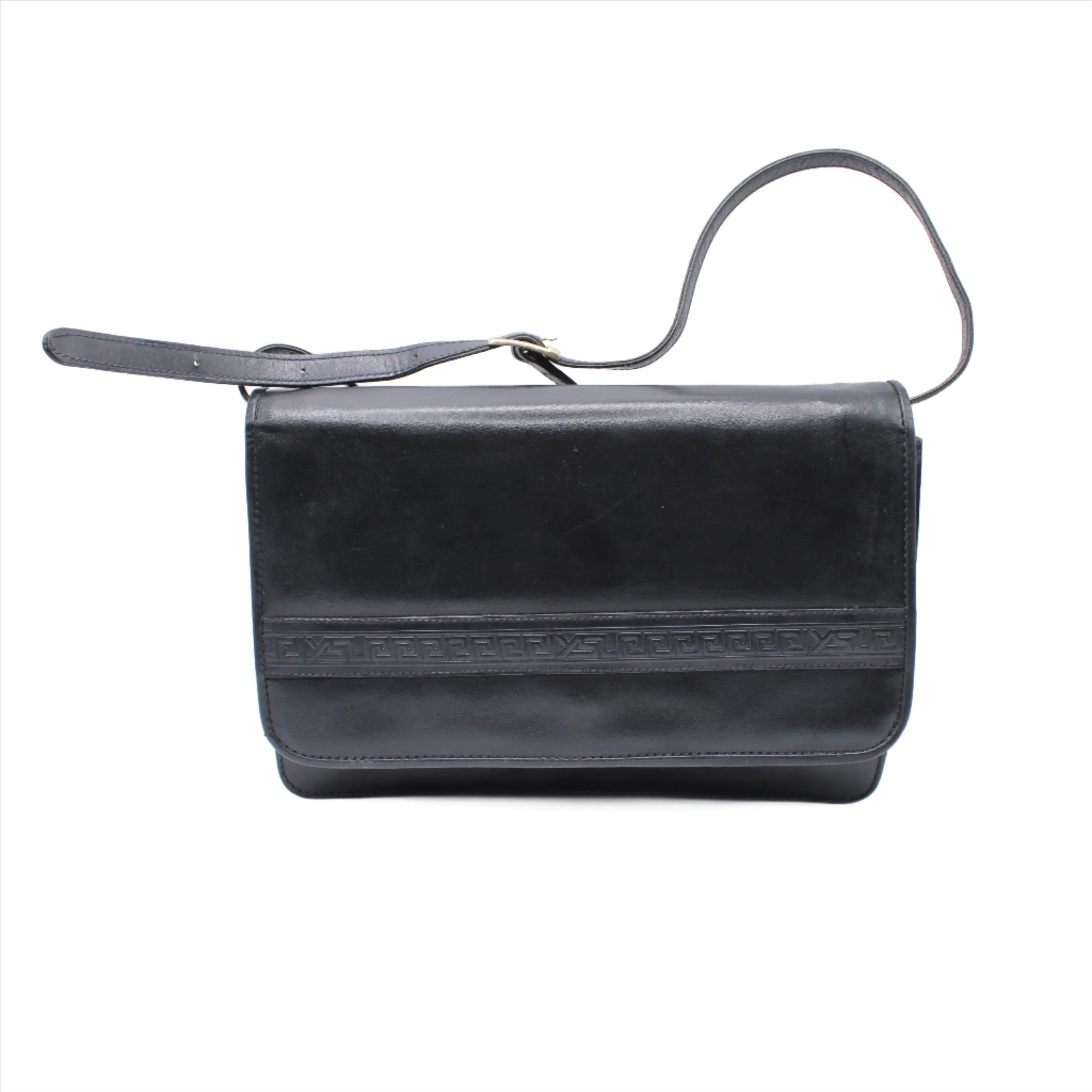 Yves Saint Laurent Black Embossed Lettering Leather Crossbody Bag Vintage