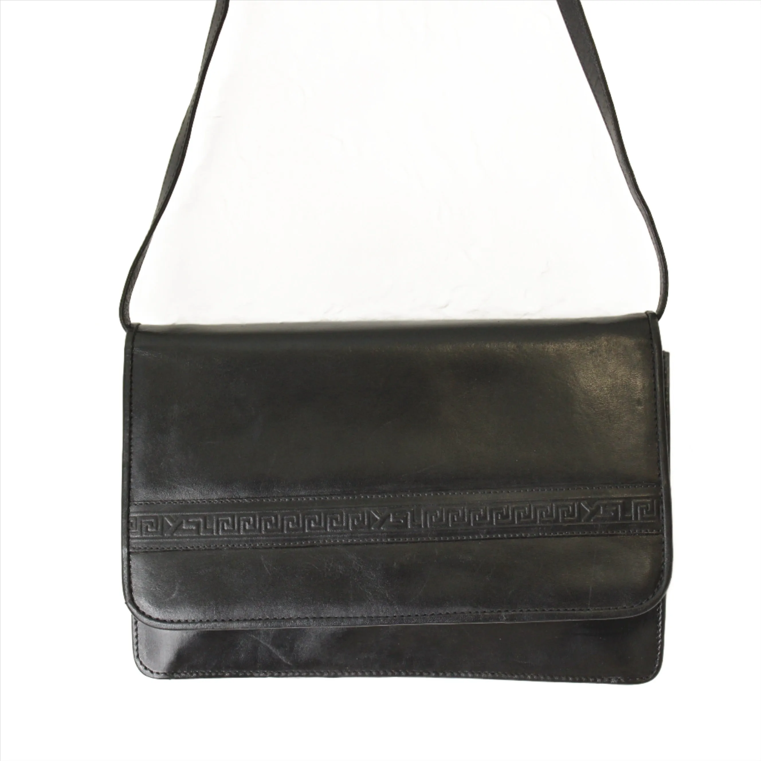 Yves Saint Laurent Black Embossed Lettering Leather Crossbody Bag Vintage