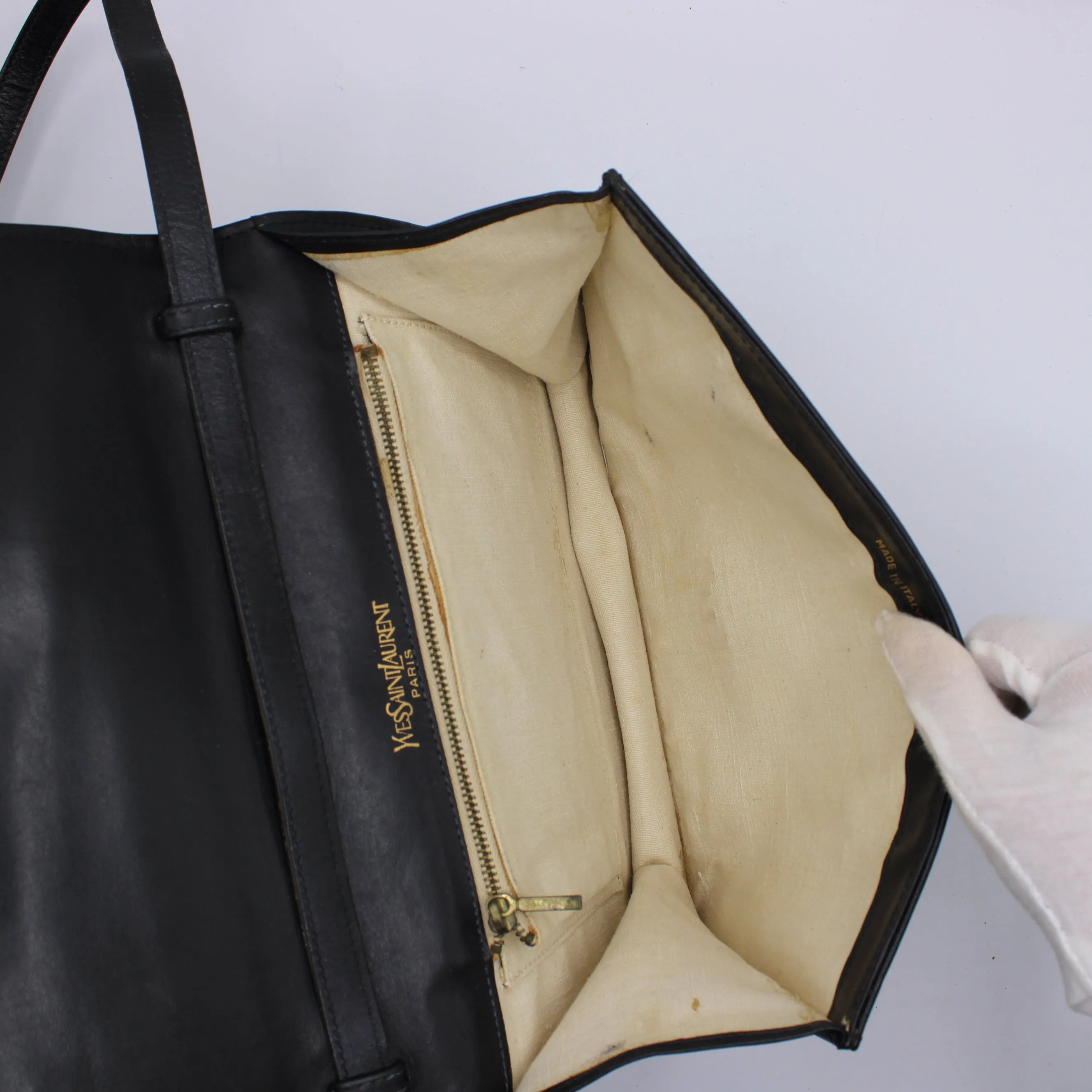 Yves Saint Laurent Black Embossed Lettering Leather Crossbody Bag Vintage