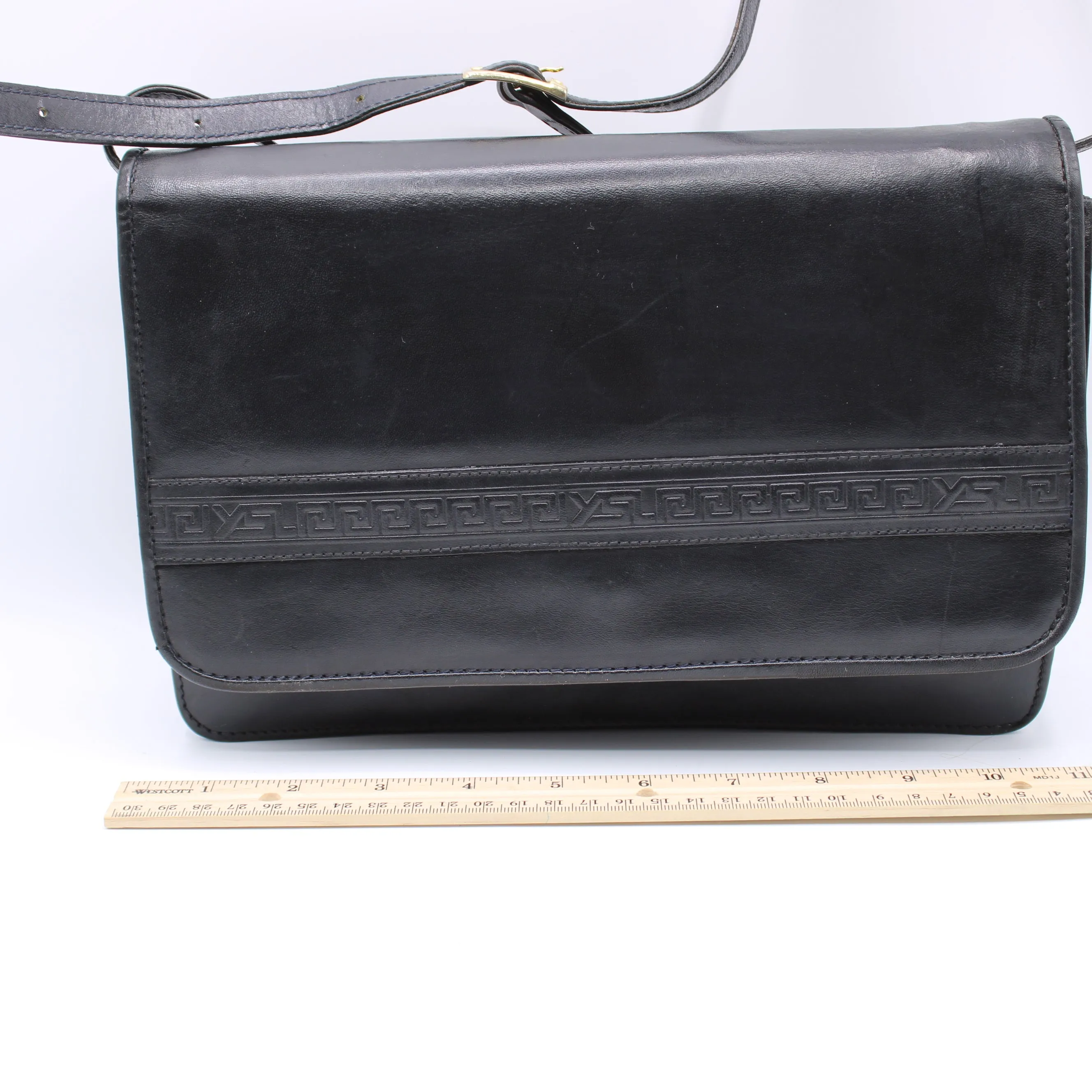 Yves Saint Laurent Black Embossed Lettering Leather Crossbody Bag Vintage
