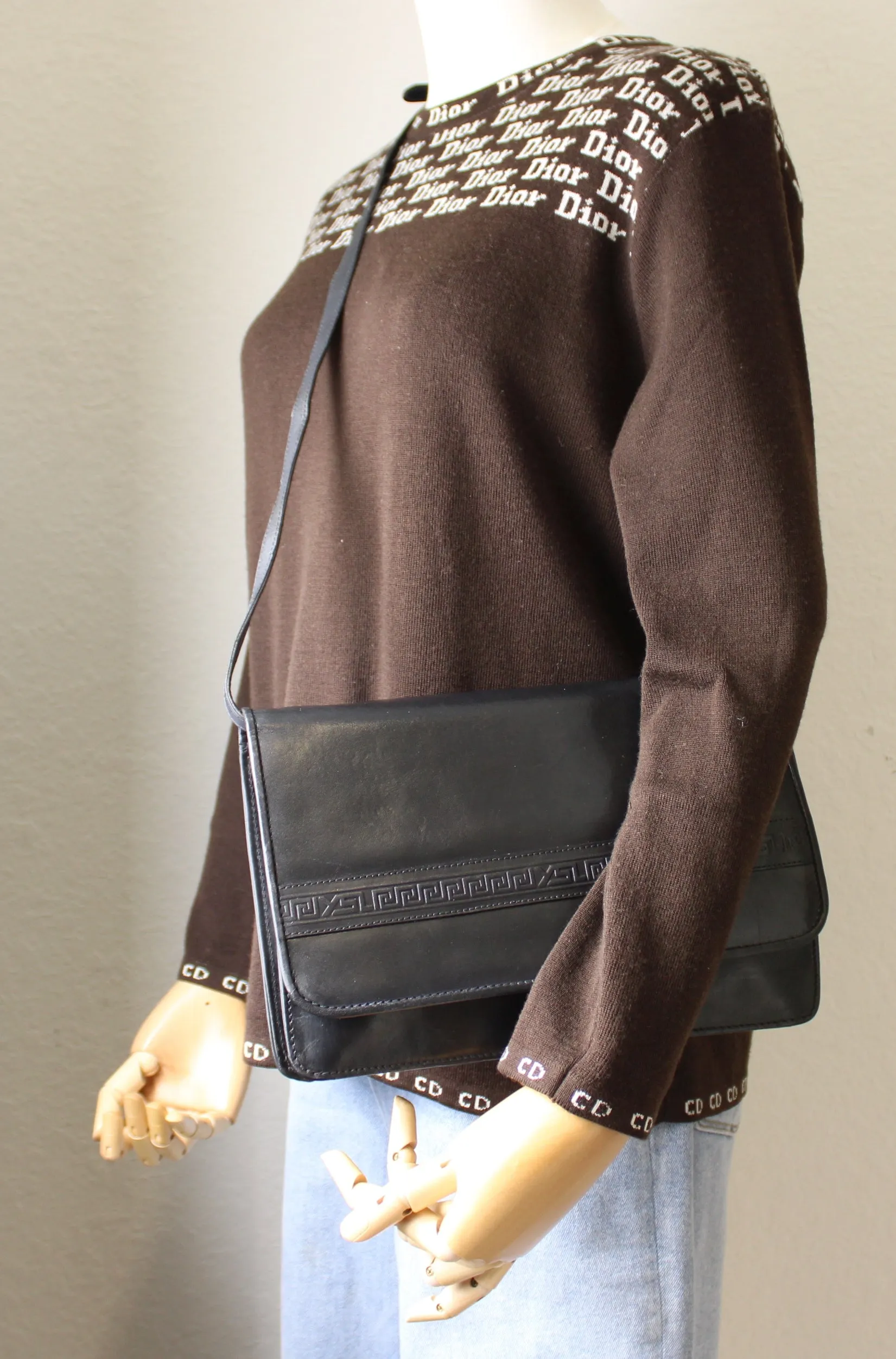 Yves Saint Laurent Black Embossed Lettering Leather Crossbody Bag Vintage