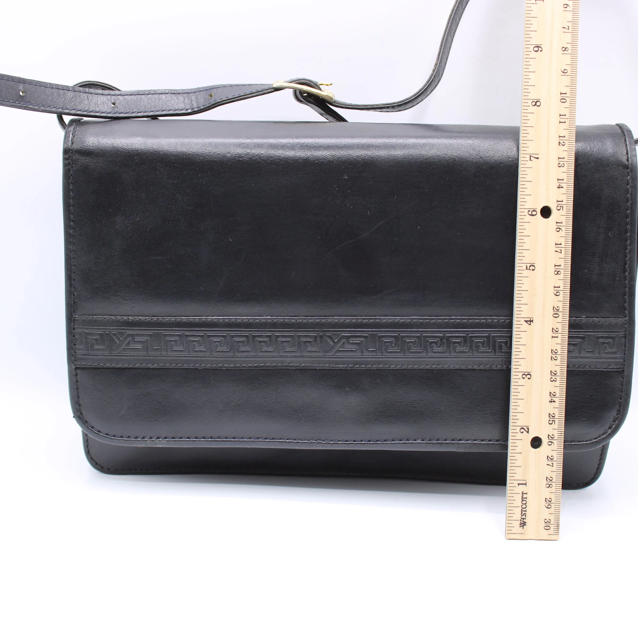 Yves Saint Laurent Black Embossed Lettering Leather Crossbody Bag Vintage