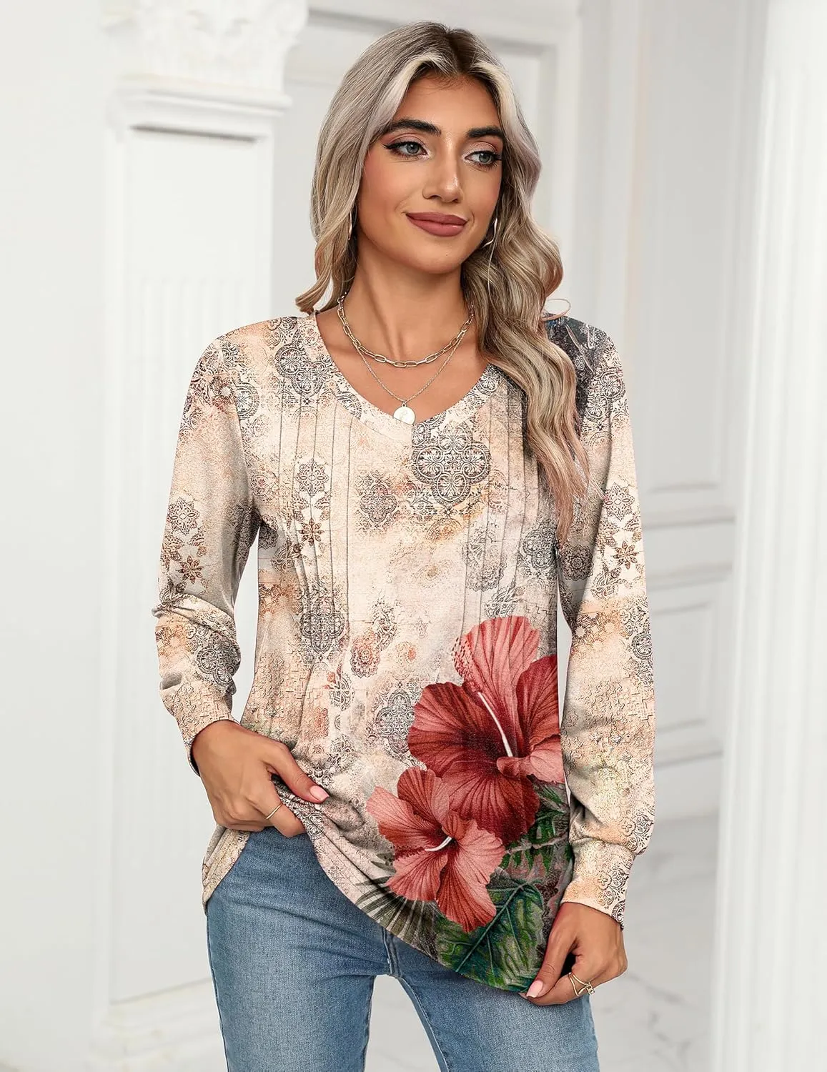 Zeagoo Women's Puff Long Sleeve Shirts Pleated V Neck Fall Tunic Tops Blouse Dressy Casual Loose Summer T-Shirts