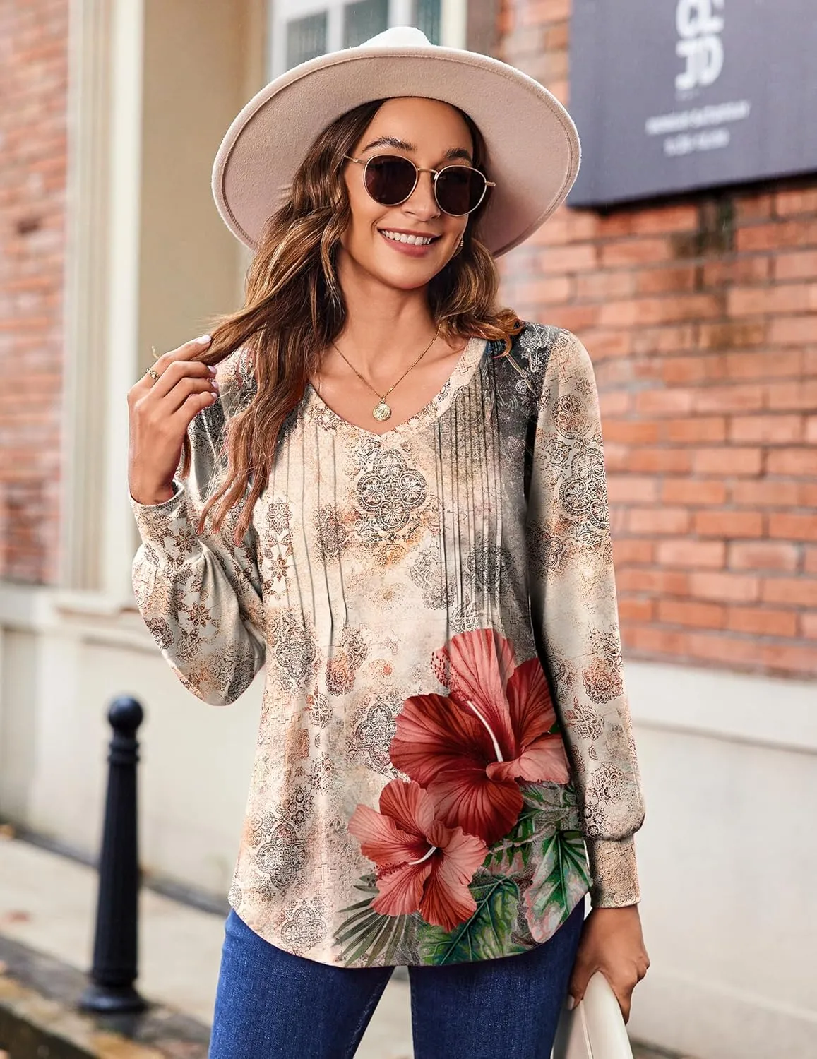 Zeagoo Women's Puff Long Sleeve Shirts Pleated V Neck Fall Tunic Tops Blouse Dressy Casual Loose Summer T-Shirts