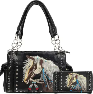 Zelris Dakota Dales Pony Horse Embroidery Mane Western Country Women Conceal Carry CCW Shoulder Handbag Purse with Wallet Set