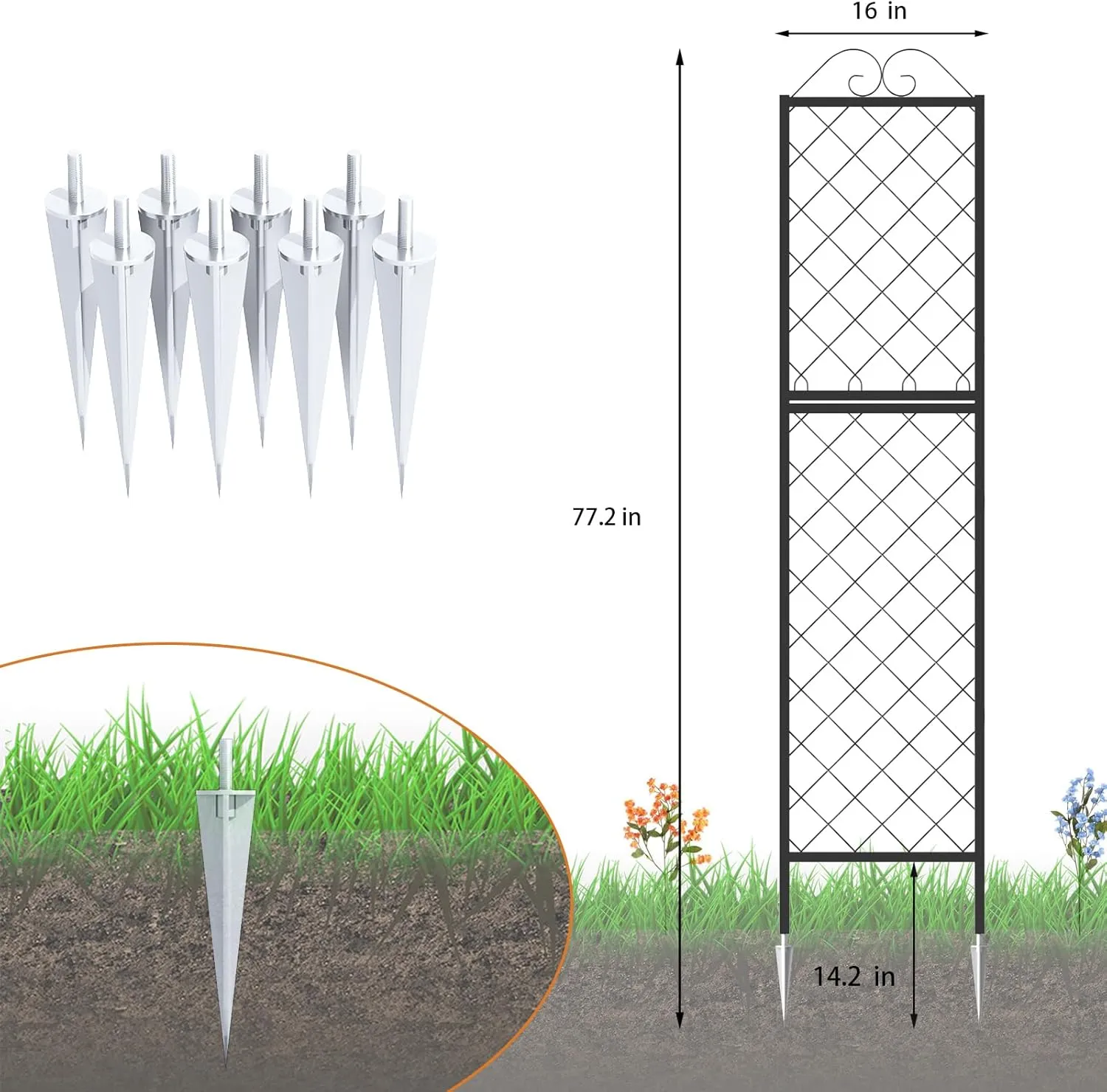 Zhongma 2 Pack Metal Garden Trellises for Climbing Plants, 77.2 Inch Tall Metal Fence Plant Support Trellis for Flower and Vagetable