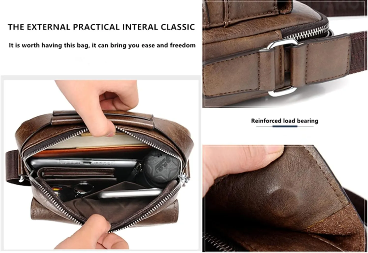 Zipper Buckle Leather Messenger Bag Crossbody Shoulder Bag Vintage Handle Bags
